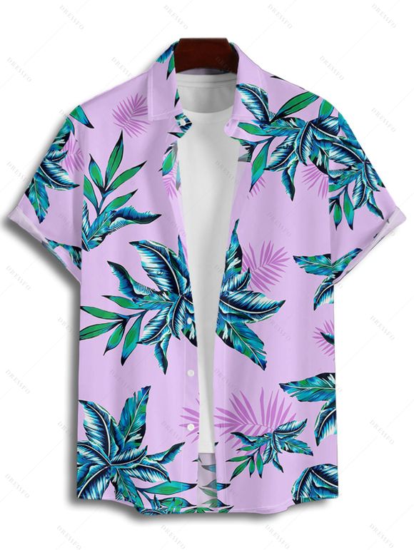 Chemise hawaïenne à motif de feuilles pour homme, imprimé végétal, boutonnée, manches retroussables, pour les vacances - Violet clair 3XL