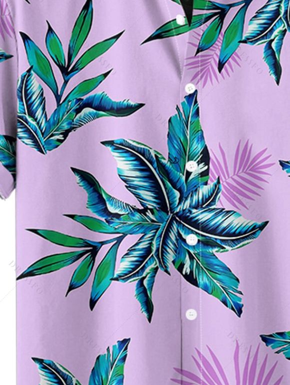 Chemise hawaïenne à motif de feuilles pour homme, imprimé végétal, boutonnée, manches retroussables, pour les vacances - Violet clair 3XL