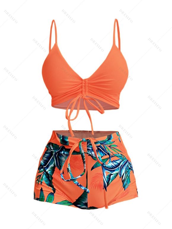 Hawaii Couple Outfit Solid Color Cinched Swim Top Tropical Plant Leaf Pattern Bowknot Boyshorts Tankini Set and Roll Up Sleeve Shirt Vacation Outfit - Orange S | US 4
