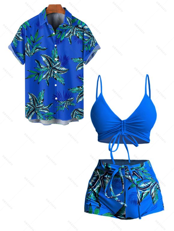 Hawaii Couple Outfit Solid Color Cinched Swim Top Tropical Plant Leaf Pattern Bowknot Boyshorts Tankini Set and Roll Up Sleeve Shirt Vacation Outfit - Bleu S | US 4