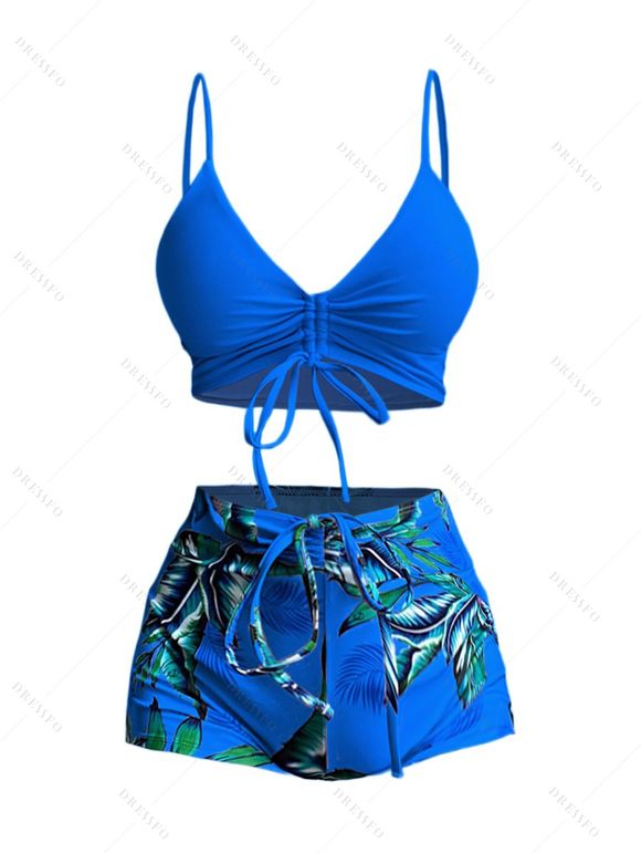 Hawaii Couple Outfit Solid Color Cinched Swim Top Tropical Plant Leaf Pattern Bowknot Boyshorts Tankini Set and Roll Up Sleeve Shirt Vacation Outfit - Bleu S | US 4