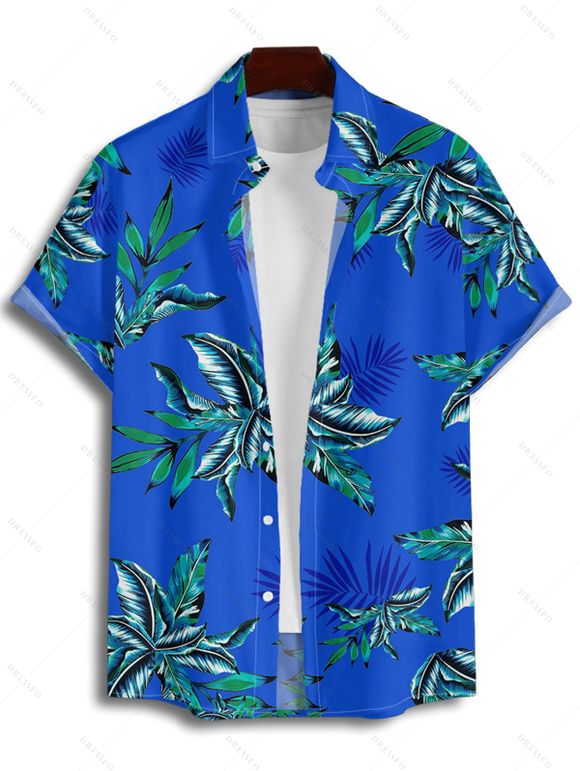 Hawaii Couple Outfit Solid Color Cinched Swim Top Tropical Plant Leaf Pattern Bowknot Boyshorts Tankini Set and Roll Up Sleeve Shirt Vacation Outfit - Bleu S | US 4