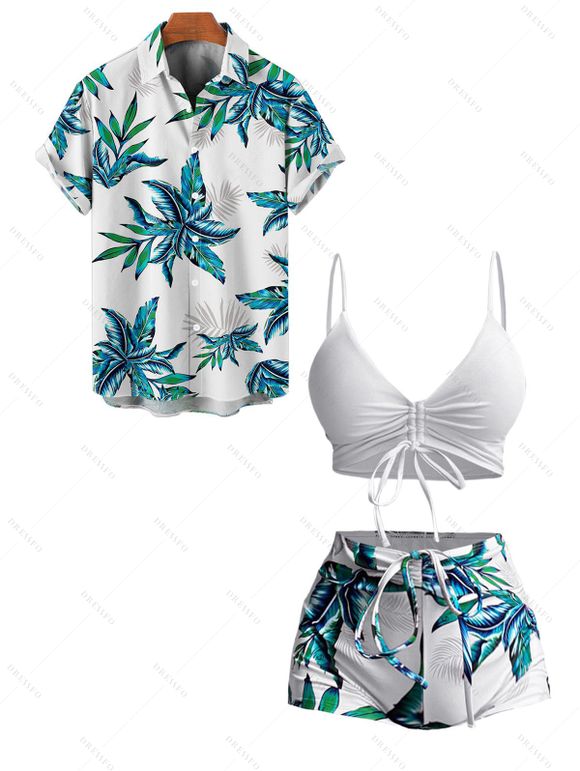 Hawaii Couple Outfit Solid Color Cinched Swim Top Tropical Plant Leaf Pattern Bowknot Boyshorts Tankini Set and Roll Up Sleeve Shirt Vacation Outfit - Blanc S | US 4