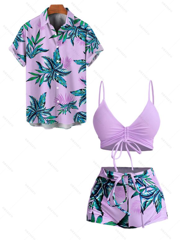 Hawaii Couple Outfit Solid Color Cinched Swim Top Tropical Plant Leaf Pattern Bowknot Boyshorts Tankini Set and Roll Up Sleeve Shirt Vacation Outfit - Violet clair S | US 4
