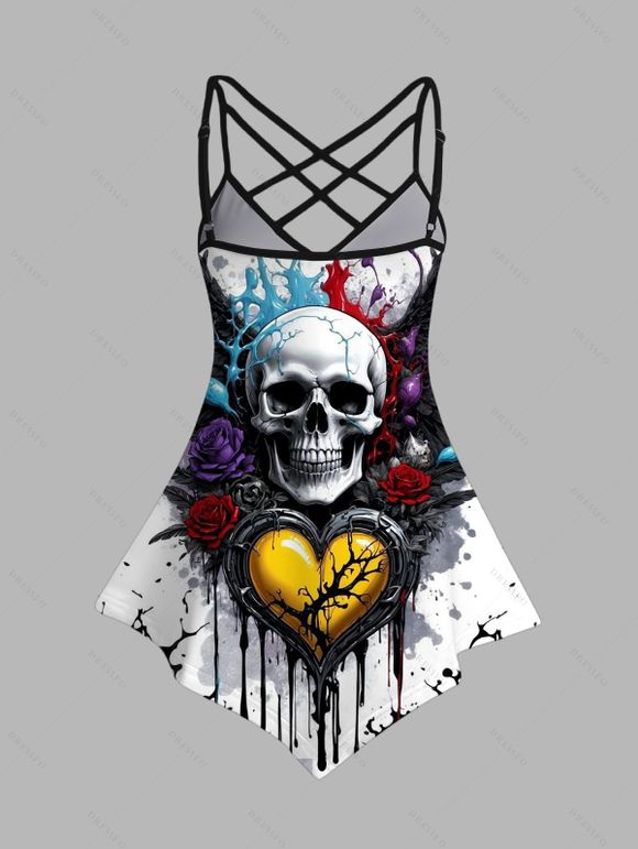 Débardeur gothique à bretelles réglables et ourlet pointu, motif tête de mort, rose, cœur, éclaboussures d'encre, décontracté - Noir XXXL | US 16