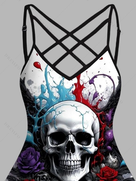 Débardeur gothique à bretelles réglables et ourlet pointu, motif tête de mort, rose, cœur, éclaboussures d'encre, décontracté - Noir XXXL | US 16
