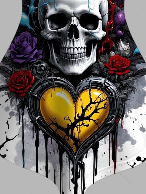 Débardeur gothique à bretelles réglables et ourlet pointu, motif tête de mort, rose, cœur, éclaboussures d'encre, décontracté - Noir XXXL | US 16