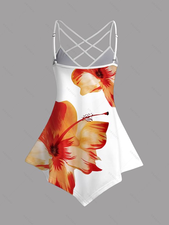 Débardeur de vacances à motif de fleurs tropicales et bretelles réglables à ourlet pointu - Orange XXXL | US 16