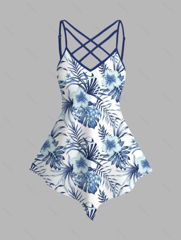 Débardeur de vacances à motif floral d'hibiscus et à bretelles en treillis, ourlet pointu, bretelles réglables, haut décontracté - Bleu profond S | US 4