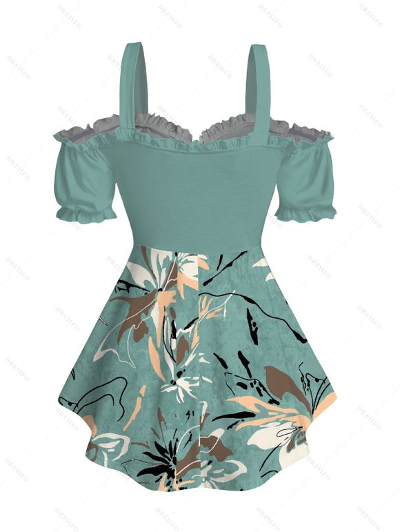 T-shirt de vacances à volants et épaules dénudées, imprimé floral, nœud papillon, ourlet volanté, manches courtes, décontracté - Vert clair XXL | US 12