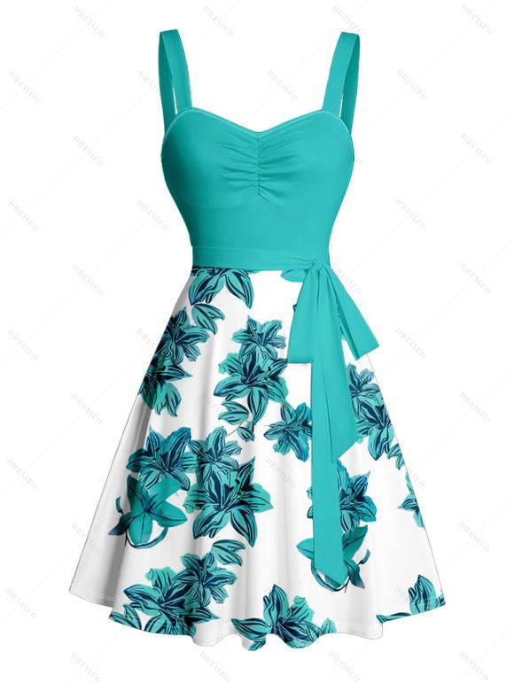 Robe de vacances à motif floral, buste froncé, col en cœur, ceinture, mini-robe trapèze - Vert clair XXXXXL | US 20