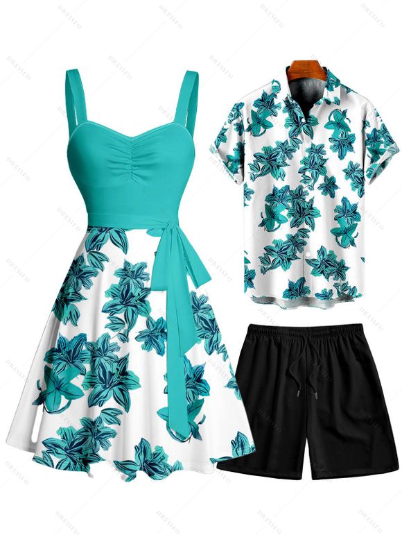 Vacation Couple Outfit Floral Pattern Ruched Bust Sweetheart Neck Belt A Line Mini Dress and Roll Up Sleeve Shirt Drawstrings Shorts Matching Outfit - Vert clair S | US 4