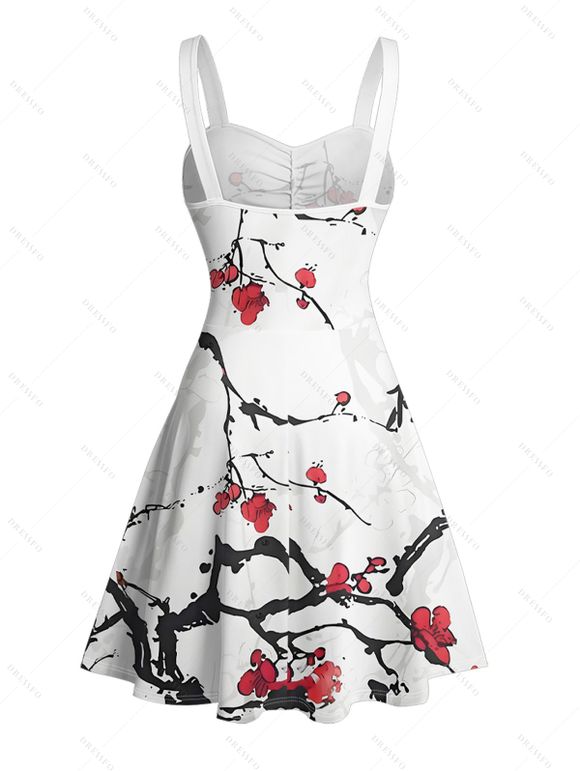 Robe de vacances à motif de branches de fleurs de pêcher avec peinture à l'encre, buste froncé, col en cœur, ceinture, mini-robe trapèze - Blanc XXXL | US 16