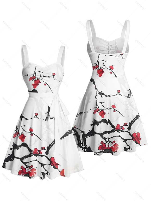 Robe de vacances à motif de branches de fleurs de pêcher avec peinture à l'encre, buste froncé, col en cœur, ceinture, mini-robe trapèze - Blanc XXXL | US 16