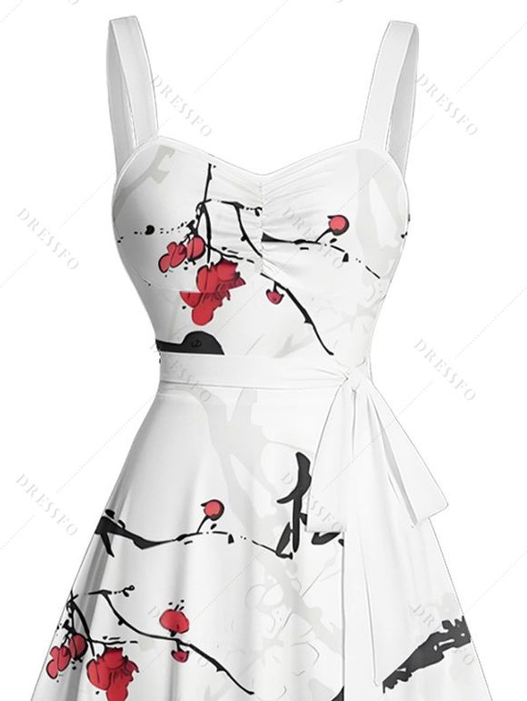 Robe de vacances à motif de branches de fleurs de pêcher avec peinture à l'encre, buste froncé, col en cœur, ceinture, mini-robe trapèze - Blanc XXXL | US 16