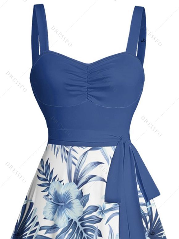 Vacation Couple Outfit Tropical Flower Leaf Print Belted Mini Dress and Roll Up Sleeve Shirt Solid Color Drawstring Waist Shorts Matching Outfit - Bleu profond S | US 4