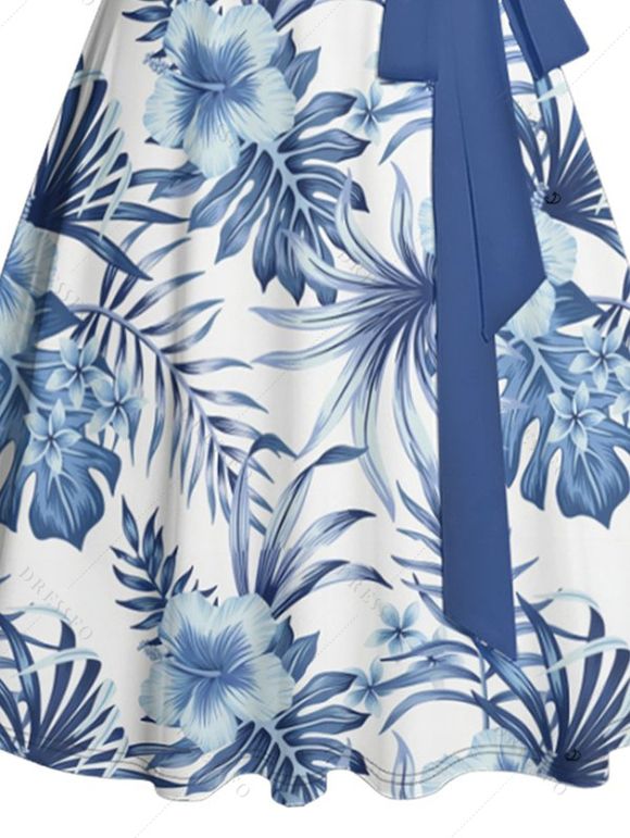 Vacation Couple Outfit Tropical Flower Leaf Print Belted Mini Dress and Roll Up Sleeve Shirt Solid Color Drawstring Waist Shorts Matching Outfit - Bleu profond S | US 4