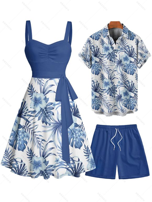 Vacation Couple Outfit Tropical Flower Leaf Print Belted Mini Dress and Roll Up Sleeve Shirt Solid Color Drawstring Waist Shorts Matching Outfit - Bleu profond S | US 4