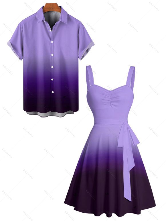 Casual Couple Outfit Ombre Ruched Bust Belt Sweetheart Neck A Line Mini Dress and Roll Up Sleeve Shirt Matching Outfit - Pourpre S | US 4