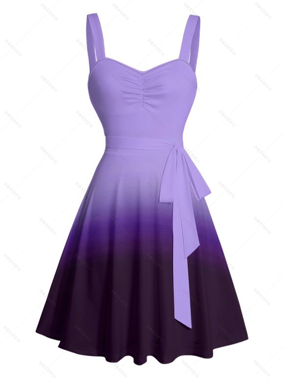 Casual Couple Outfit Ombre Ruched Bust Belt Sweetheart Neck A Line Mini Dress and Roll Up Sleeve Shirt Matching Outfit - Pourpre S | US 4