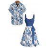 Tropical Flower Leaf Print Belted Mini Vacation Dress And Short Sleeve Shirt Matching Outfit