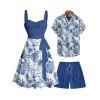 Vacation Couple Outfit Tropical Flower Leaf Print Belted Mini Dress and Roll Up Sleeve Shirt Solid Color Drawstring Waist Shorts Matching Outfit