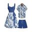 Vacation Couple Outfit Tropical Flower Leaf Print Belted Mini Dress and Roll Up Sleeve Shirt Solid Color Drawstring Waist Shorts Matching Outfit - Bleu profond S | US 4