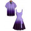 Casual Couple Outfit Ombre Ruched Bust Belt Sweetheart Neck A Line Mini Dress and Roll Up Sleeve Shirt Matching Outfit - Pourpre S | US 4