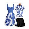 Vacation Couple Outfit Floral Pattern Ruched Bust Sweetheart Neck Belt A Line Mini Dress and Roll Up Sleeve Shirt Drawstrings Shorts Matching Outfit - Bleu S | US 4
