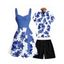 Vacation Couple Outfit Floral Pattern Ruched Bust Sweetheart Neck Belt A Line Mini Dress and Roll Up Sleeve Shirt Drawstrings Shorts Matching Outfit - Bleu S | US 4