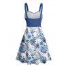Tropical Flower Leaf Print Belted Mini Vacation Dress And Short Sleeve Shirt Matching Outfit - Bleu Ciel S | US 4
