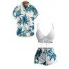 Hawaii Couple Outfit Solid Color Cinched Swim Top Tropical Plant Leaf Pattern Bowknot Boyshorts Tankini Set and Roll Up Sleeve Shirt Vacation Outfit - Blanc S | US 4