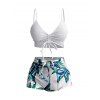 Hawaii Couple Outfit Solid Color Cinched Swim Top Tropical Plant Leaf Pattern Bowknot Boyshorts Tankini Set and Roll Up Sleeve Shirt Vacation Outfit - Blanc S | US 4