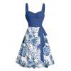 Vacation Couple Outfit Tropical Flower Leaf Print Belted Mini Dress and Roll Up Sleeve Shirt Solid Color Drawstring Waist Shorts Matching Outfit - Bleu profond S | US 4