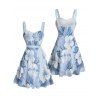 Robe de vacances à motif floral et feuilles aquarelles, buste froncé, col en cœur, ceinture, mini-robe trapèze - Bleu clair XXXXXL | US 20