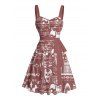 Robe gothique à imprimé tête de mort et lettres, buste froncé, col en cœur, ceinture, mini robe vintage trapèze - Rouge foncé XXXXXL | US 20