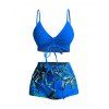 Maillot de bain deux pièces tankini de plage uni avec haut à bretelles spaghetti et nœud papillon à motif de feuilles tropicales, effet gainant, shorty pour garçon, maillot de bain de vacances - Bleu XL | US 10