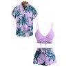 Hawaii Couple Outfit Solid Color Cinched Swim Top Tropical Plant Leaf Pattern Bowknot Boyshorts Tankini Set and Roll Up Sleeve Shirt Vacation Outfit - Violet clair S | US 4