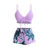 Hawaii Couple Outfit Solid Color Cinched Swim Top Tropical Plant Leaf Pattern Bowknot Boyshorts Tankini Set and Roll Up Sleeve Shirt Vacation Outfit - Violet clair S | US 4