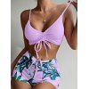 Hawaii Couple Outfit Solid Color Cinched Swim Top Tropical Plant Leaf Pattern Bowknot Boyshorts Tankini Set and Roll Up Sleeve Shirt Vacation Outfit - Violet clair S | US 4