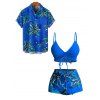 Hawaii Couple Outfit Solid Color Cinched Swim Top Tropical Plant Leaf Pattern Bowknot Boyshorts Tankini Set and Roll Up Sleeve Shirt Vacation Outfit - Bleu S | US 4