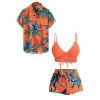 Hawaii Couple Outfit Solid Color Cinched Swim Top Tropical Plant Leaf Pattern Bowknot Boyshorts Tankini Set and Roll Up Sleeve Shirt Vacation Outfit - Orange S | US 4