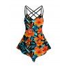 Débardeur de vacances à motif floral et feuilles, bretelles en treillis, ourlet pointu, bretelles réglables, haut décontracté - Orange XXXXL | US 18