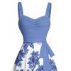 Robe de vacances à motif floral, buste froncé, col en cœur, ceinture, mini-robe trapèze - Bleu XXXXXL | US 20