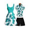 Vacation Couple Outfit Floral Pattern Ruched Bust Sweetheart Neck Belt A Line Mini Dress and Roll Up Sleeve Shirt Drawstrings Shorts Matching Outfit - Vert clair S | US 4