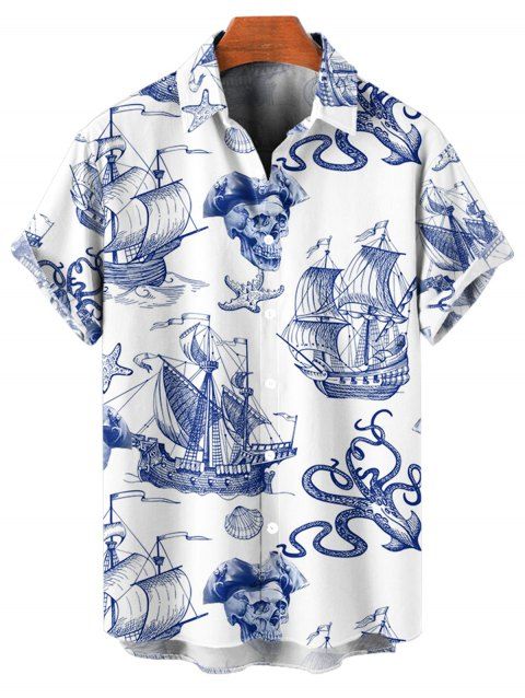 T-Shirt Manches Courtes à Imprimé Voilier Crâne et Etoile de Mer avec Boutons pour Hommes