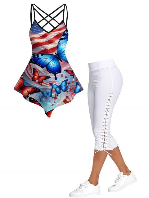 Independence Day Women Outfit Butterfly American Flag Pattern Lattice Strap Pointed Hem Tank Top and Lace Up Capri Leggings Patriotic Two Piece Set