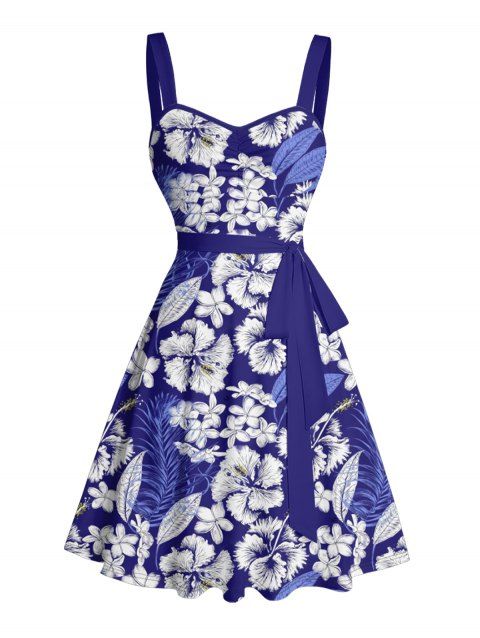 Robe de vacances à imprimé floral et feuilles, buste froncé, col en cœur, ceinture, mini-robe trapèze