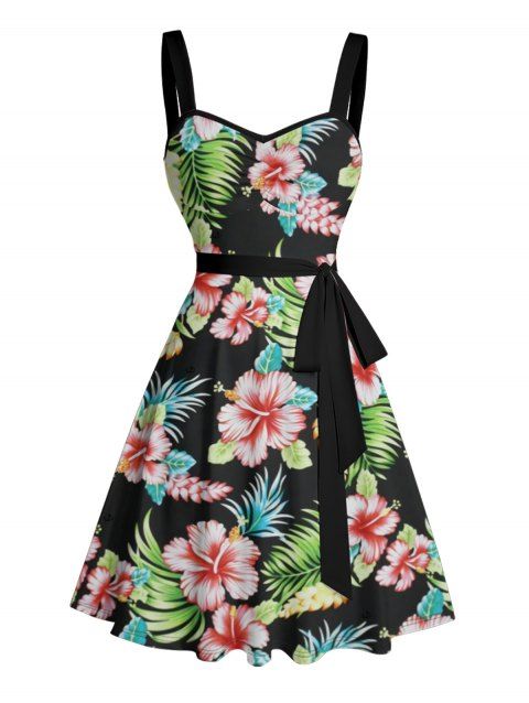Robe de vacances à motif floral tropical et feuilles, buste froncé, col en cœur, ceinture, mini robe de plage trapèze