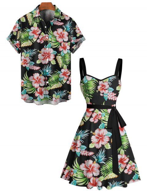 Vacation Couple Outfit Allover Tropical Floral Leaf Pattern Ruched Bust Sweetheart Neck Belt Dress and Roll Up Sleeve Shirt Beach Matching Outfit